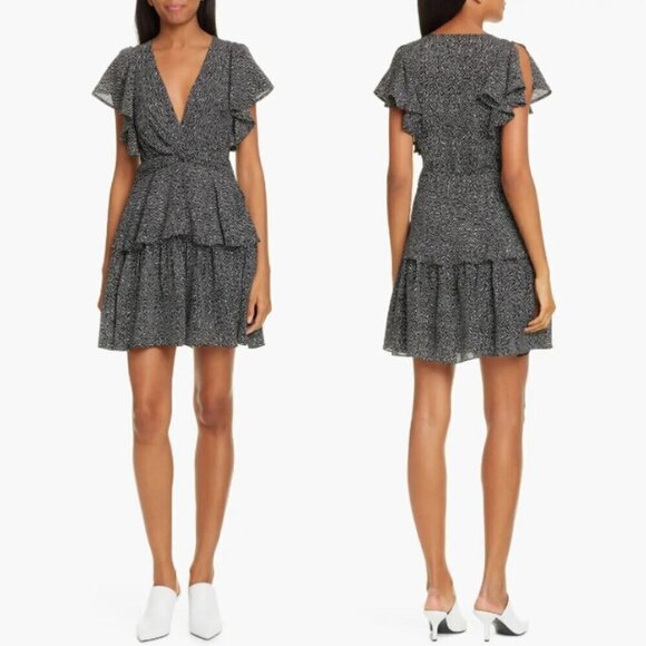ALC Deep V-Neck Silk Polka Dot Viera Mini Dress Ruffled Flutter Sleeve Women's 2 - Picture 1 of 16